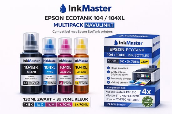 Inkmaster Inkt voor Epson ecotank printers 104 XL multipack van 4x inkt BK-C-M-Y