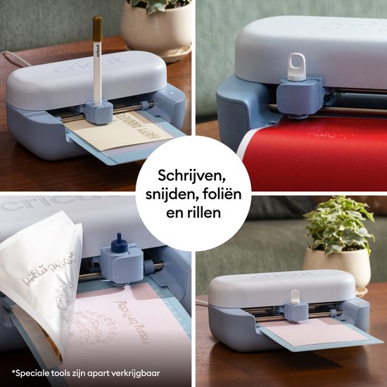 Collage van de Cricut Joy die schrijft, snijdt en folieert. Met tekst 'Schrijven, snijden, foliën en rillen'.