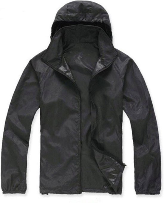 Zwarte, lichtgewicht, waterdichte jas met capuchon en rits, voor heren en dames.