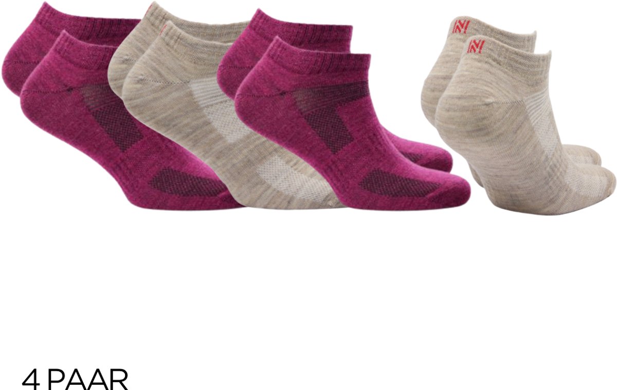 Norfolk 4 paar Wandelsokken Anti Blaren 60% Merino Wol enkelsokken met Snelle Vochtopname Platte Teennaad Enkelsokken Dames Wollen Sokken 2 Magenta 2 Oatmeal 35-38 Sheldon Low-cut Magenta/oatmeal
