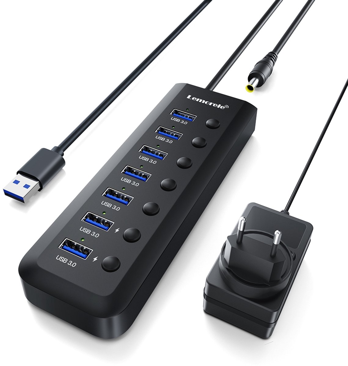 Lemorele TC111 – USB 3.0 Hub – 7 Poorten – Met 2 USB-C Data & Slimme Oplaadpoorten – 5Gbps Hoge Snelheid – Aparte Schakelaars – Inclusief 5V Voedingsadapter