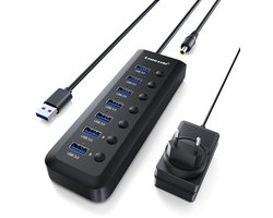 Lemorele TC111 – USB 3.0 Hub – 7 Poorten – Met 2 USB-C Data & Slimme Oplaadpoorten – 5Gbps Hoge Snelheid – Aparte Schakelaars – Inclusief 5V Voedingsadapter