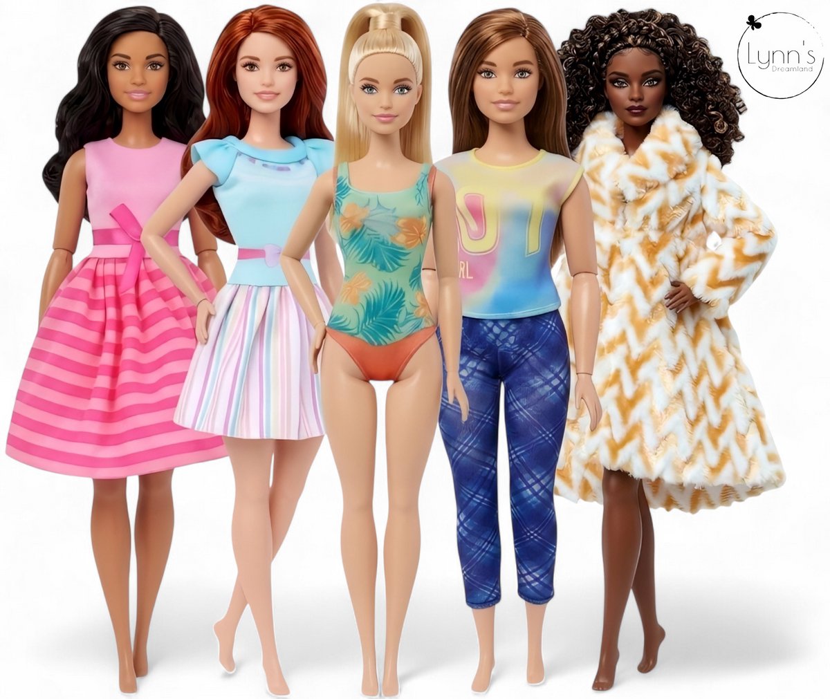 Lynn’s poppenkleertjes - Set ‘Amber' - Geschikt voor (curvy) modepop - Set van 5 outfits - Kleding voor modepoppen - Cadeauzakje