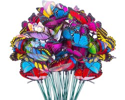 100 Stuks Vlinder Tuinstekers - Kunstvlinders op Stok - 25 cm - Tuindecoratie & Bloemstukken - Meerkleurig
