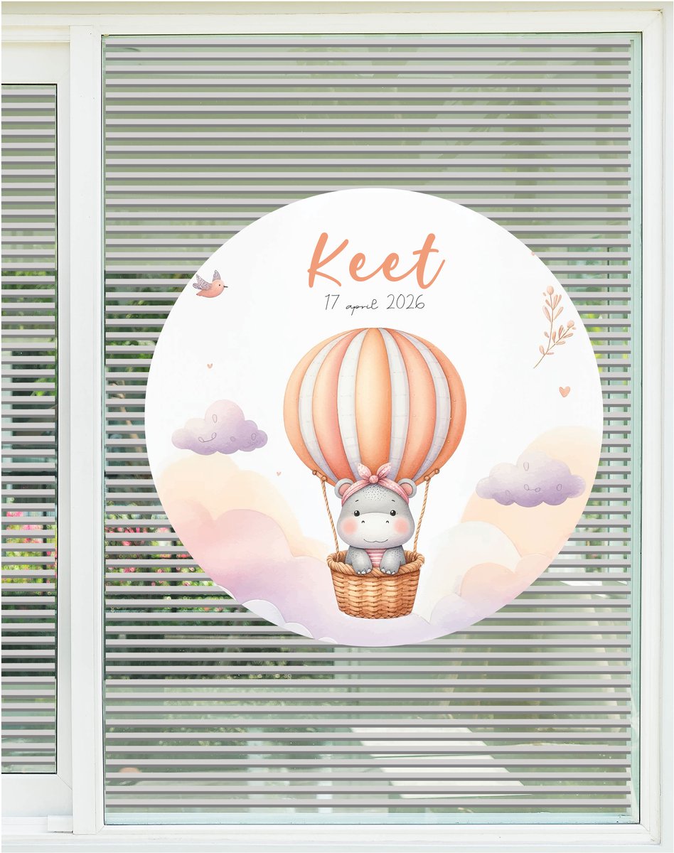 Studio Jitske Raamsticker 80cm Raambord geboortebord geboorte aankondiging Nijlpaard in luchtballon