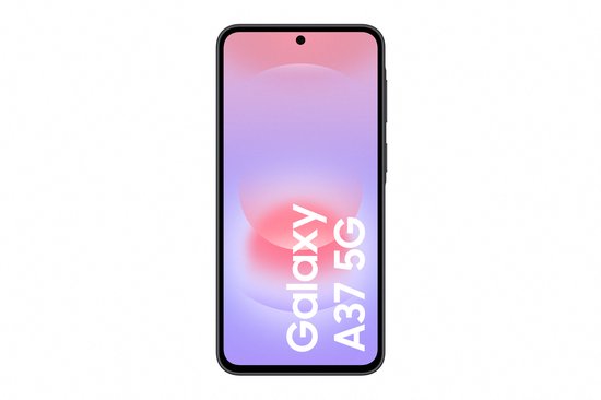 Voorkant van een zwarte Samsung Galaxy A37 5G smartphone met een paars/roze scherm.