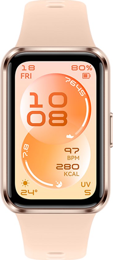 Lichtroze activity tracker met beige bandje en een scherm dat de tijd, datum en gezondheidsgegevens weergeeft.