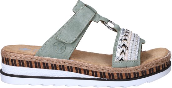 Sandale Rieker vert d'eau avec bride à détail anneau et décoration perles et paillettes. Semelle espadrille.
