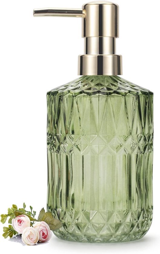Luxe Glazen Zeepdispenser - 390 ml - Diamantgeslepen Glas met Gouden Pomp - Vintage Handzeepdispenser voor Badkamer & Keuken - Groen - Navulbaar
