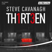 Volledige luisterboekuitgave van "Thirteen" door Steve Cavanagh, met rode stoelen op een grijze achtergrond.