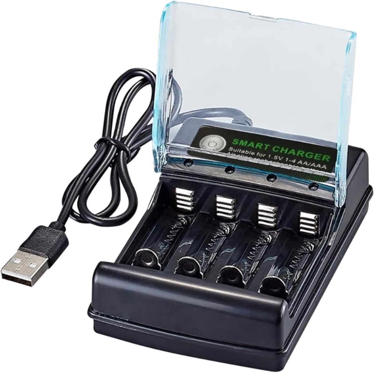 Batterijlader - Slimme Oplader - Batterijen Opladen - 4 USB Sleuven - 10x10x10 mm - Zwart