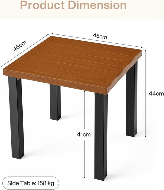 Bruine bijzettafel met houtlook blad en zwarte poten, met afmetingen 45x45x44 cm.