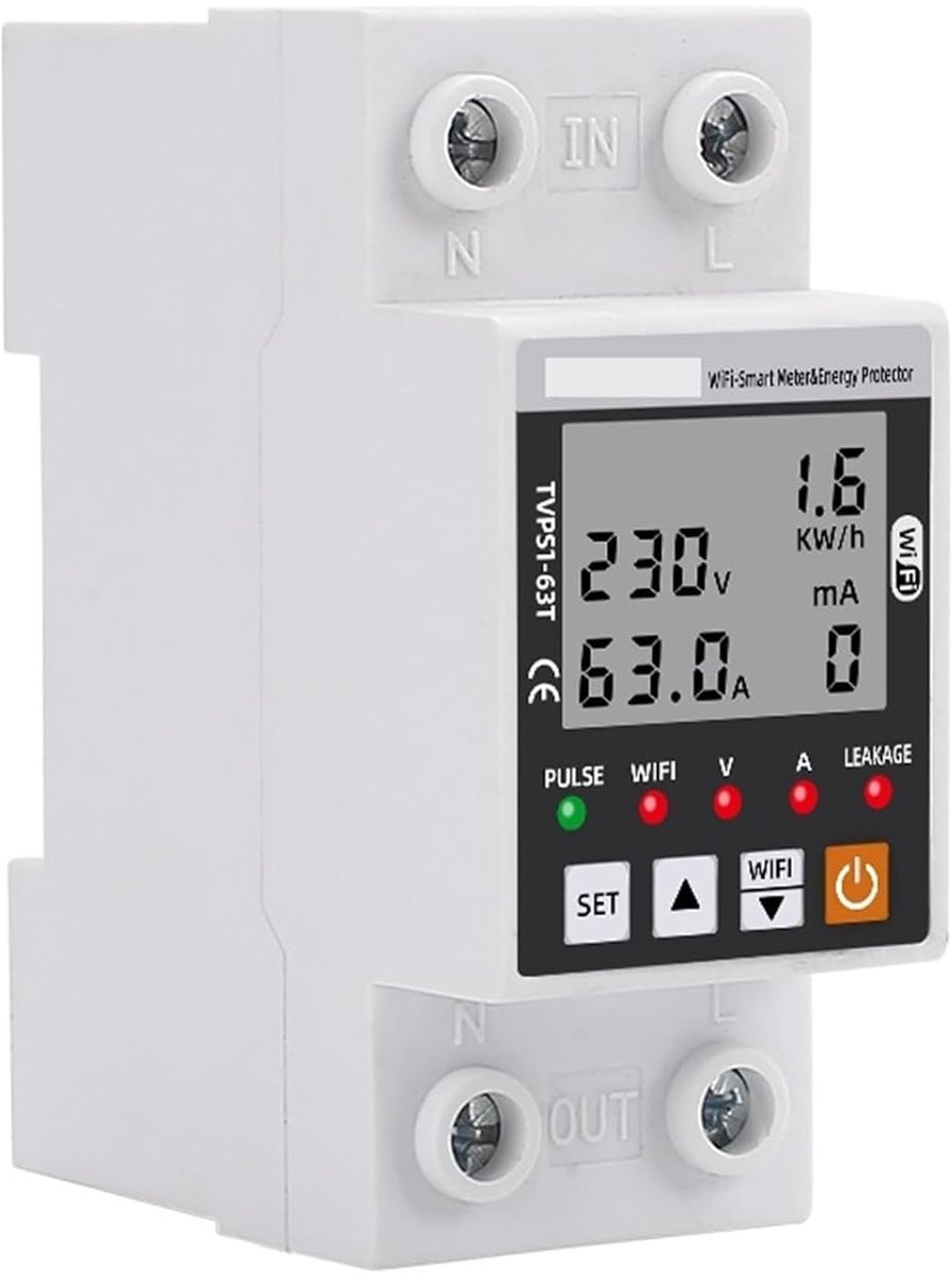 Slimme Stroomonderbreker - Relais Schakelaar - Energie Verbruik Meten - Bidirectionele Meting - 63A - Grijs