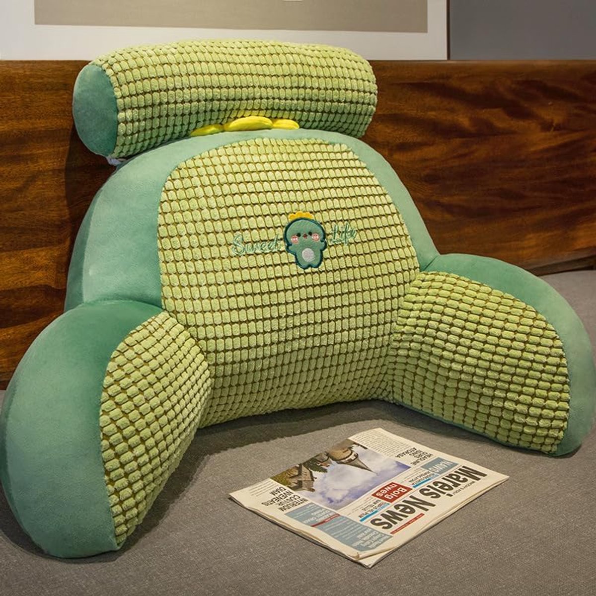Pluizig Leeskussen - Rugsteun Kussen - Ontspannen in Bed - Zachte Pluche Hoes - 60x35cm - Dinosaurus