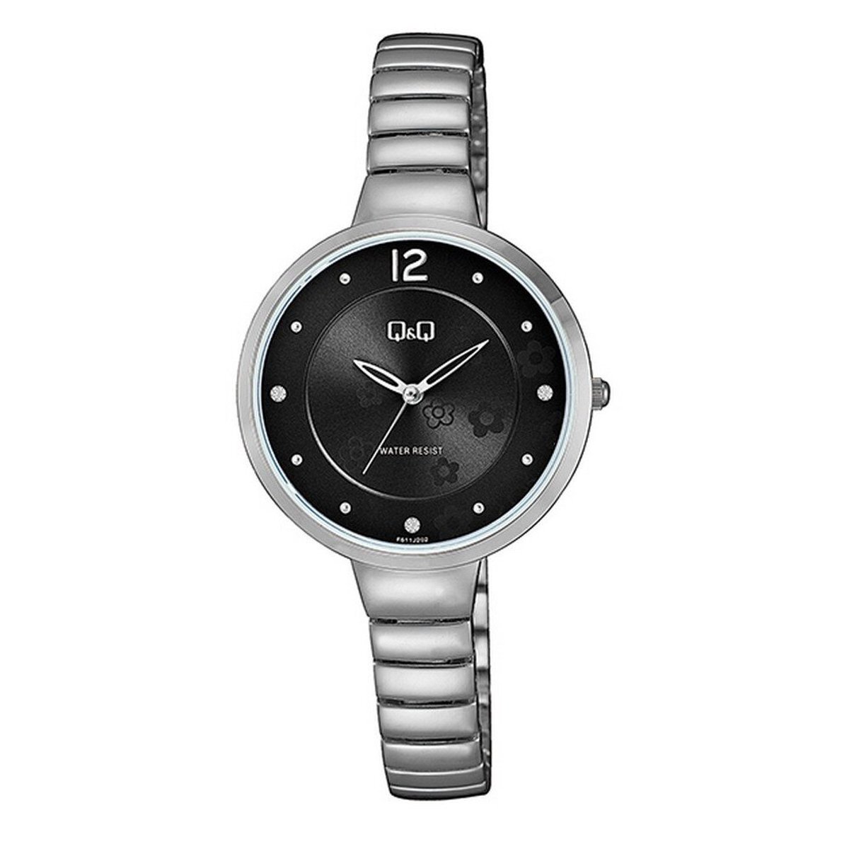 QQ F611J202Y - Horloge - Analoog - Vrouwen - Dames - Stalen band - Rond - Metaal - Zilverkleurig - Zwart - Bloemenprint