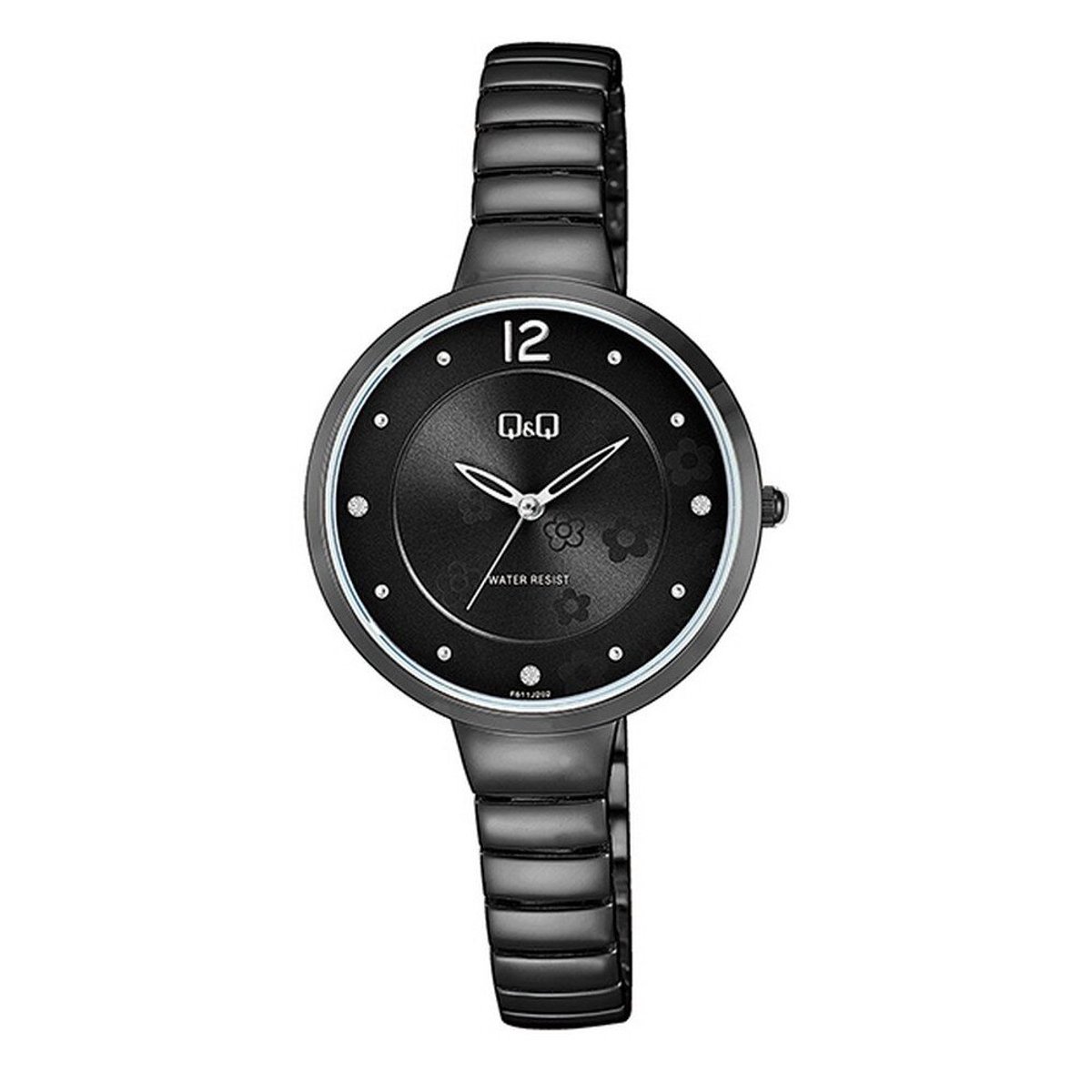 QQ F611J412Y - Horloge - Analoog - Vrouwen - Dames - Stalen band - Rond - Staal - Antraciet - Bloemenprint