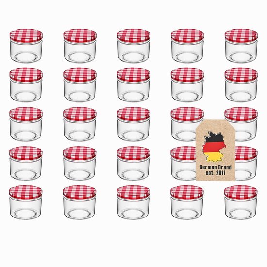 Une grille de 25 bocaux en verre avec des couvercles à carreaux rouge et blanc. Une étiquette marron avec le drapeau allemand et 'German Brand est. 2011'.