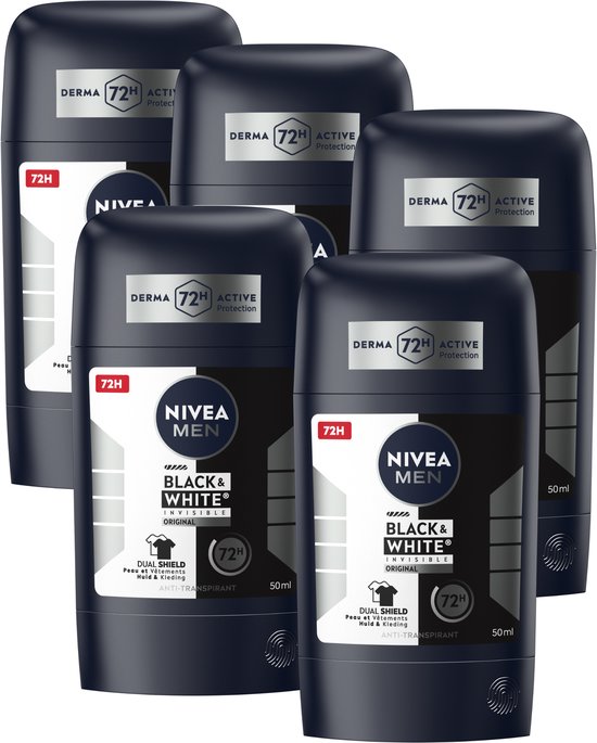 Voordeelverpakking van vijf NIVEA MEN Black & White Original deodorantsticks, 72H Active Protection.