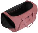 Roze reistas met zwarte voering, open aan de bovenkant met twee handvatten en ritsvakken.