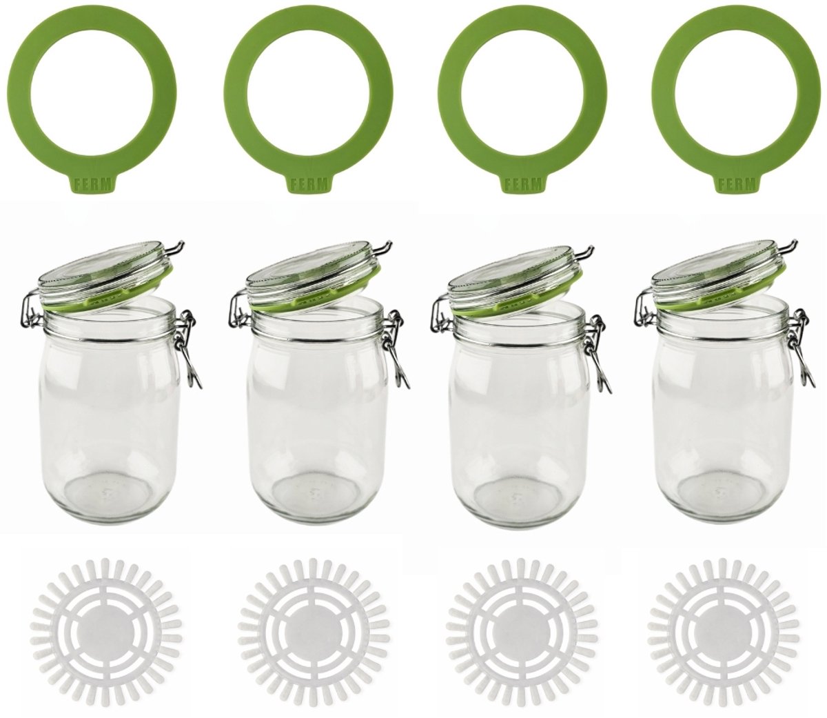 Set FERMentatiepotten met unieke FERMentatiering en FERMentatieklem - set van 2 glazen potten van 1140ml - voor voedselveilige fermentatie