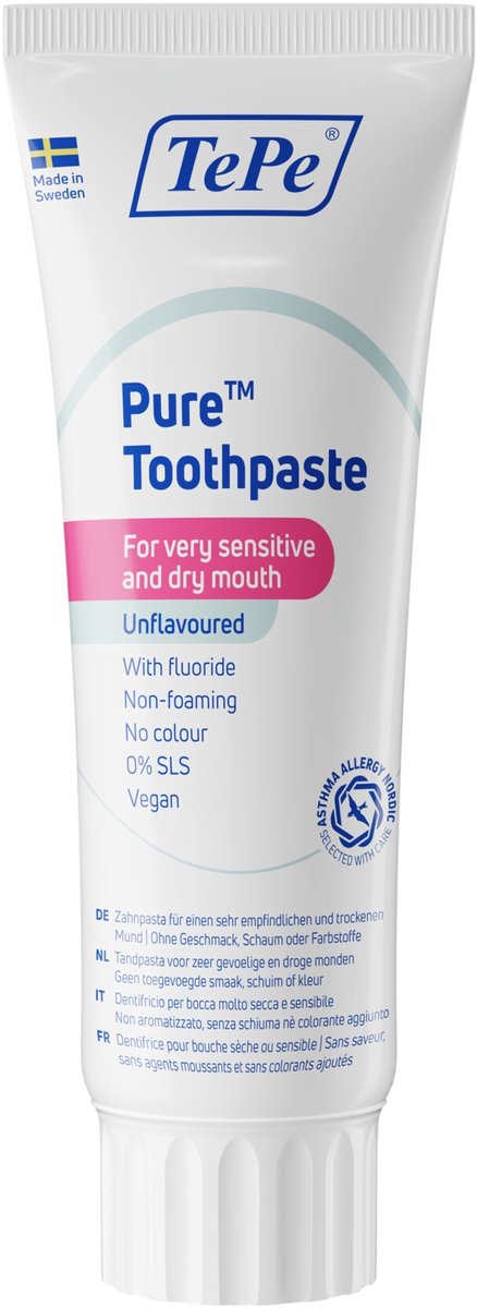 TePe Pure™ Tandpasta – Unflavoured – tandpasta zonder smaak – fluoride tandpasta voor gevoelig tandvlees en droge mond klachten – 75 ml