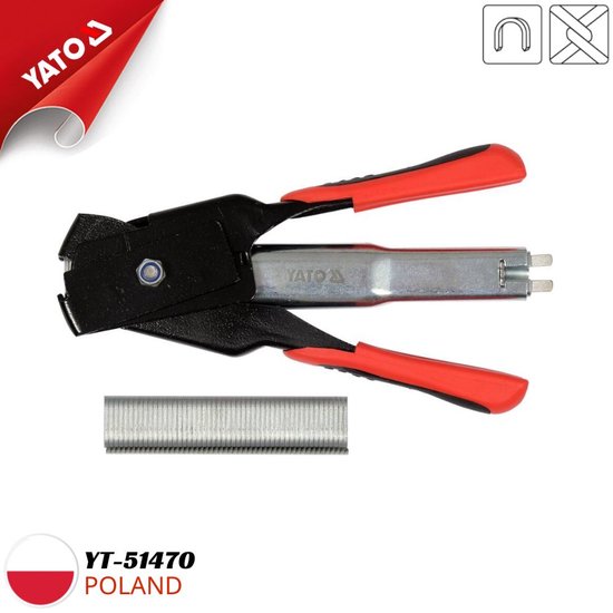Pince à anneaux de serrage YATO YT-51470 avec poignées rouges et noires, incluant 100 anneaux.