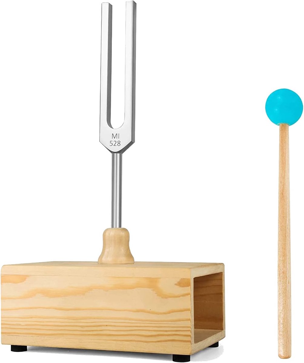 Stemvork Set - Klanktherapie Instrument - Meditatie Ontspanning - 528HZ Frequentie - 20x10x9 cm - Hout Zilver