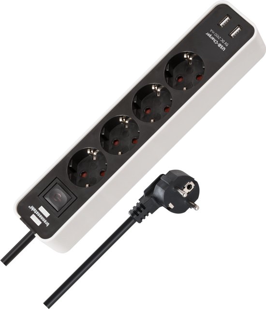 Brennenstuhl Ecolor stekkerdoos 4-voudig met 2 USB A-oplaadpoorten 5V/2,10A, 10,5W (stopcontactdoos met USB-A en schakelaar en 1,5 m kabel)