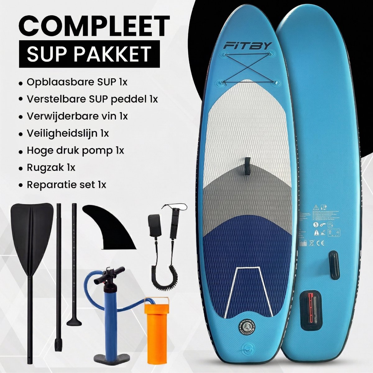 Fitby Sup Board - Surfboard - Paddle board - Opblaasbaar - Verstelbare Peddel - Pomp - Draagtas - Max 150kg - 320X80cm - Blauw – foto 2