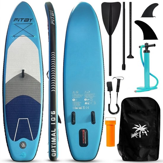FITBY SUP board Optimal 10'6 in blauw, wit en grijs, met peddel, vin, pomp, reparatieset en draagtas.