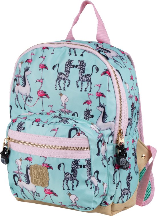 Lichtblauwe rugzak met een print van flamingo's en zebra's, met roze accenten.