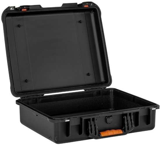 Zwarte HUSK koffer met oranje handvat en sluitingen, open.