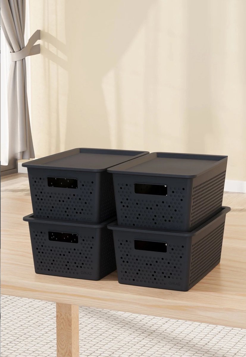 Tobeyz Seul Opbergdozen 4L – Kunststof Opbergbox | 4 Set | Optimale Ventilatie | Modulair Stapelbaar Systeem | Geïntegreerde Handgrepen | BPA-vrij Gerecycled Plastic | 27,5×18×12 cm | Antraciet