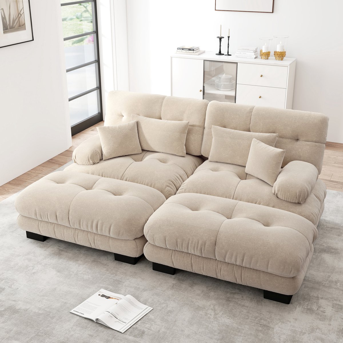 Wishdor - Modulaire Hoekbank - Diepe Zitting En Ronde Armleuningen - Vintage Stijl - Woonkamer - Chenille - Lichtbruin