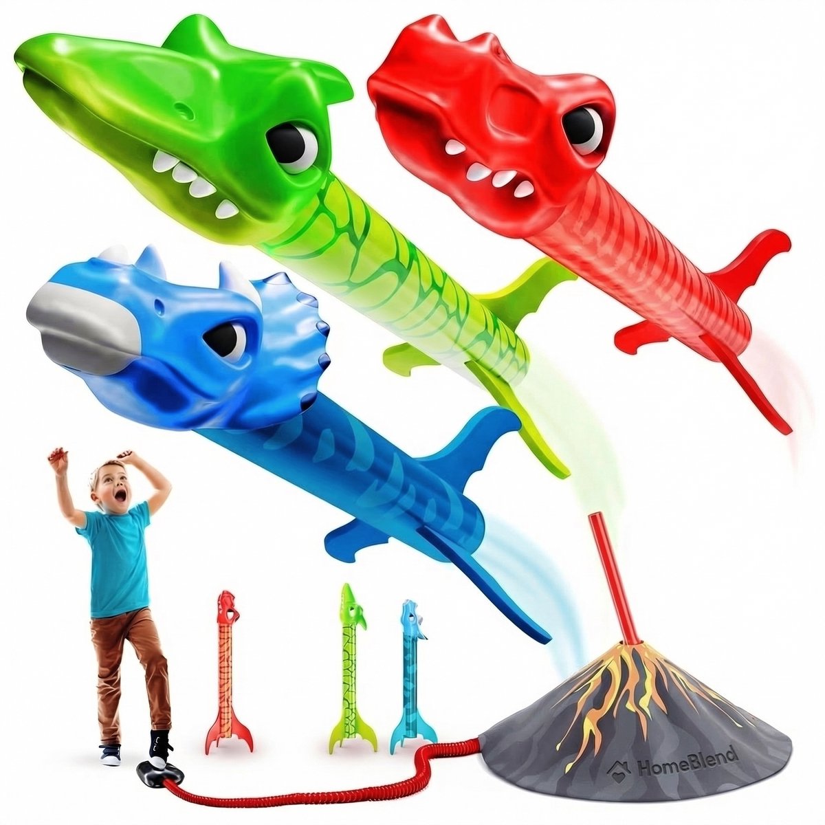 Homeblend Raketwerper Dino - Buitenspeelgoed Kinderen 3-8 jaar - Met Krachtige Voetpomp - Educatief Speelgoed - Schiet tot 30 Meter Hoog - Inclusief 4 Zachte Raketten