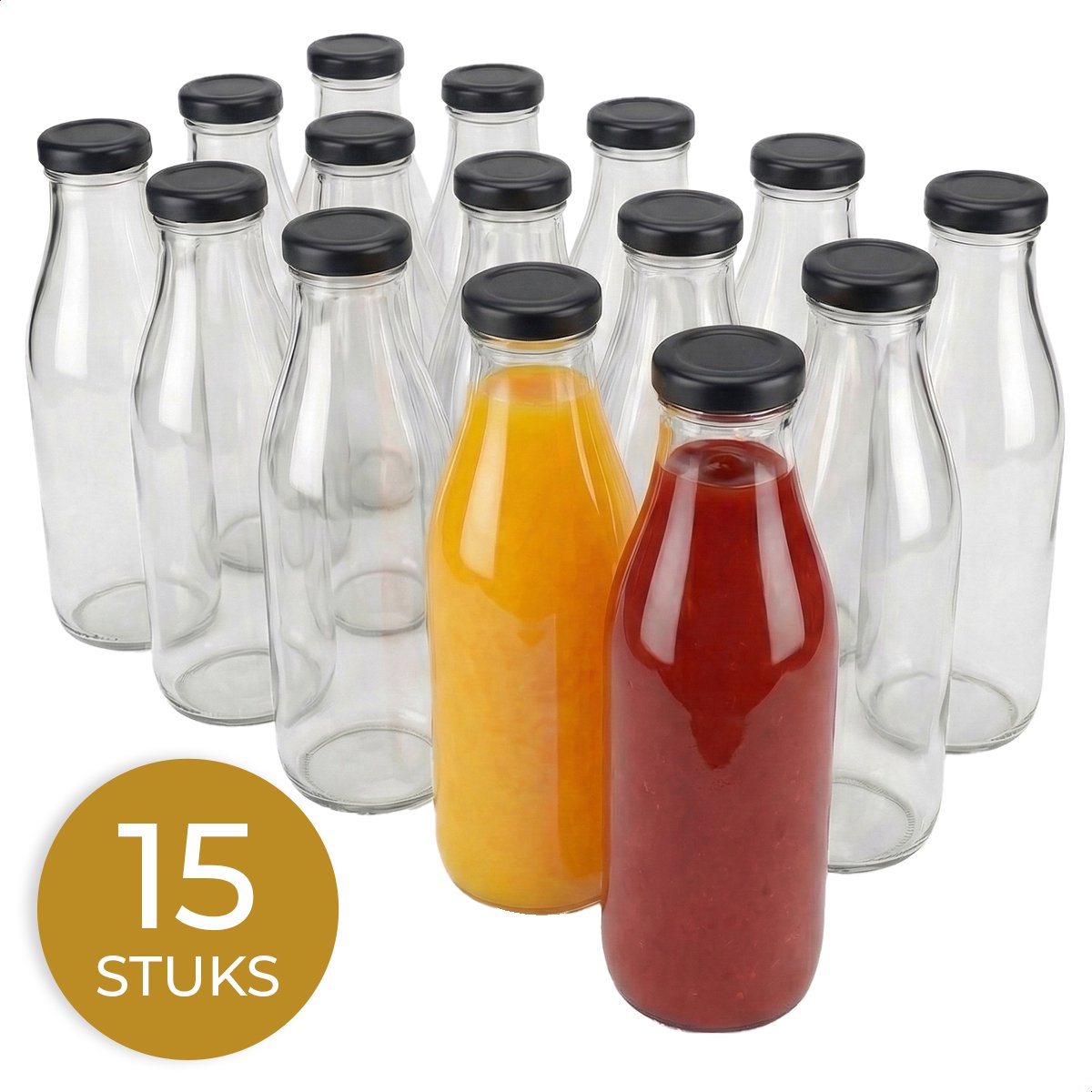 Glasverpakkingen® Sapfles 1000ml - 15 Stuks - Glazen Flesjes met Dop - Hervulbaar - Smoothie Fles - Sausfles - Melkfles - Sapflesjes Herbruikbaar - Zwarte Dop