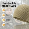 Man met beige geribbelde fleece beanie, met tekst 'High Quality Materials', 'Breathable', 'Recycled Material'.