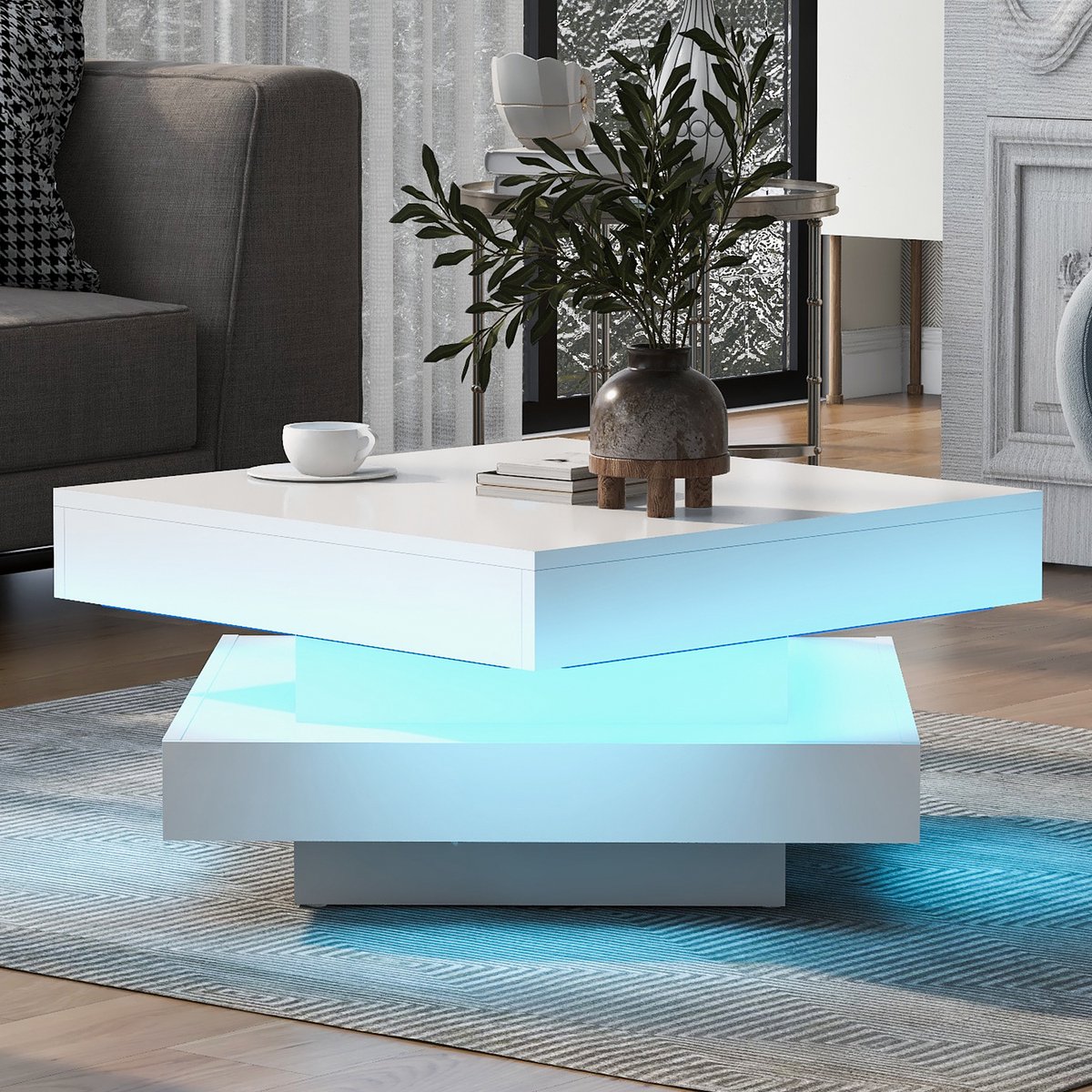 Clruro Salontafel - 70 x 70 x 36 cm - Draaibare Hoogglans Salontafel met LED - 360° Draaitafel - MDF - Wit