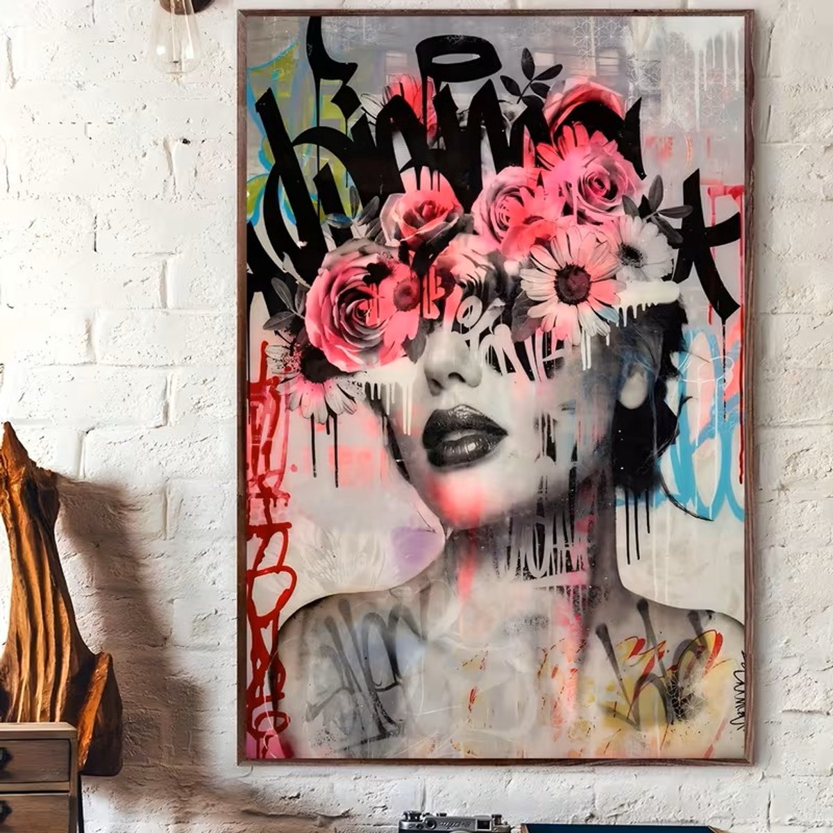 Canvas poster - Abstracte vrouw - Street art kunst - Bloemen graffiti - Moderne wanddecoratie - 40x60 cm - Zonder lijst - Kleurrijke kunst