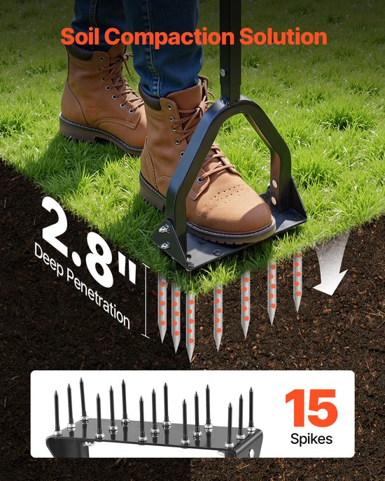 VEVOR Gazonbeluchter 23,5cm Handmatig, Gazonbeluchter met 15 Ijzeren Pinnen, Lange T-handgreep, Brede Plaat, Grondbeluchtingsgereedschap, Gazonbeluchter voor Verdichte Grond, Gazonverzorging, Tuin, Zwart — afbeelding 4
