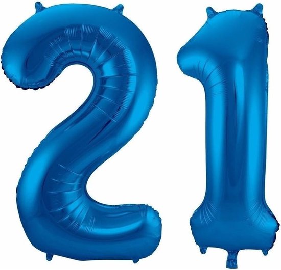 21 jaar blauwe folie ballonnen 86 cm leeftijd/cijfer - Leeftijdsartikelen 21e verjaardag versiering - Heliumballonnen