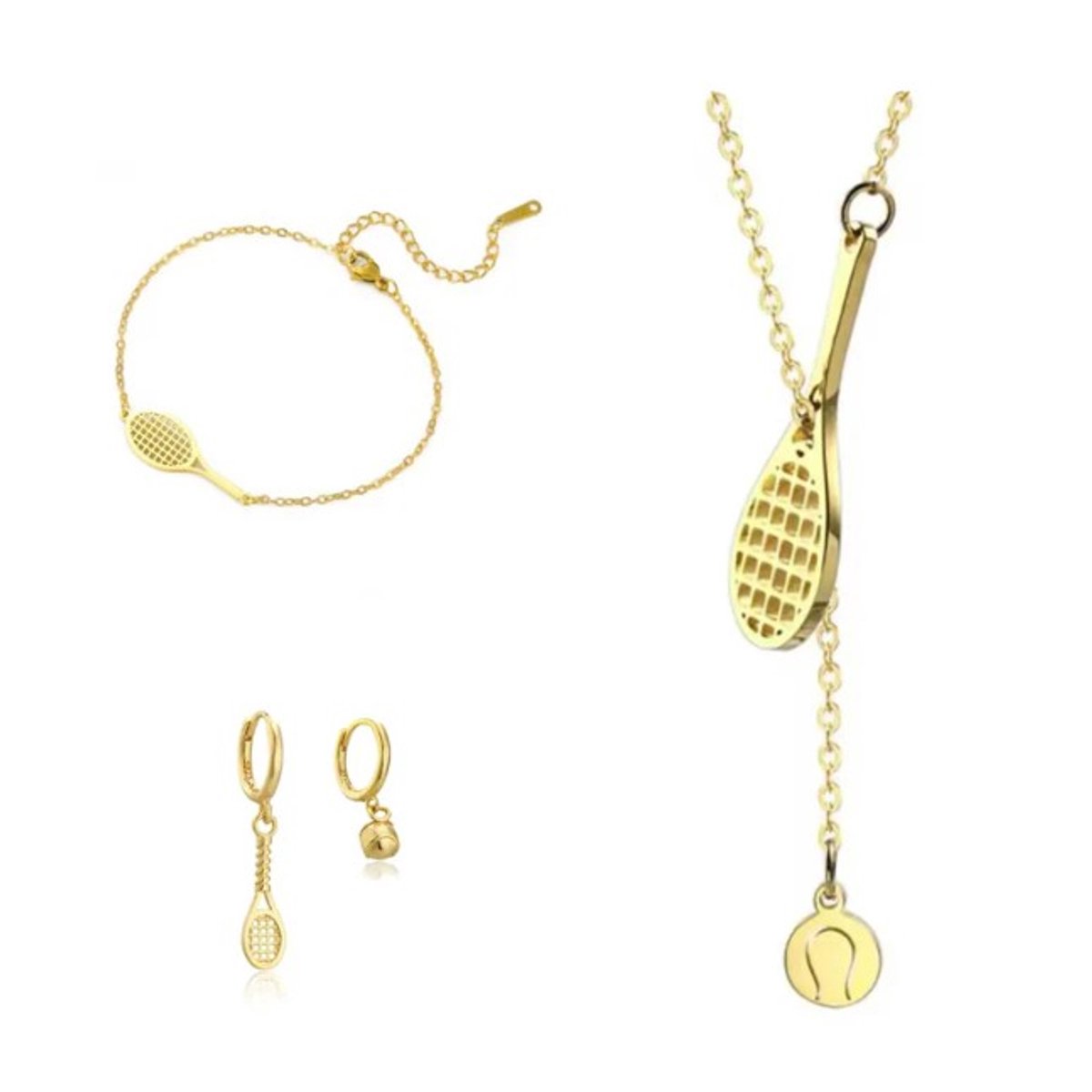 SportPresent® - Sieradenset - Tennis - Padel - Oorbellen - Armband - Ketting - RVS - Goud - Tennisracket - 925 - Tennisbal - Sieraad - Kado - Sport - Teamkado - Sportsieraad