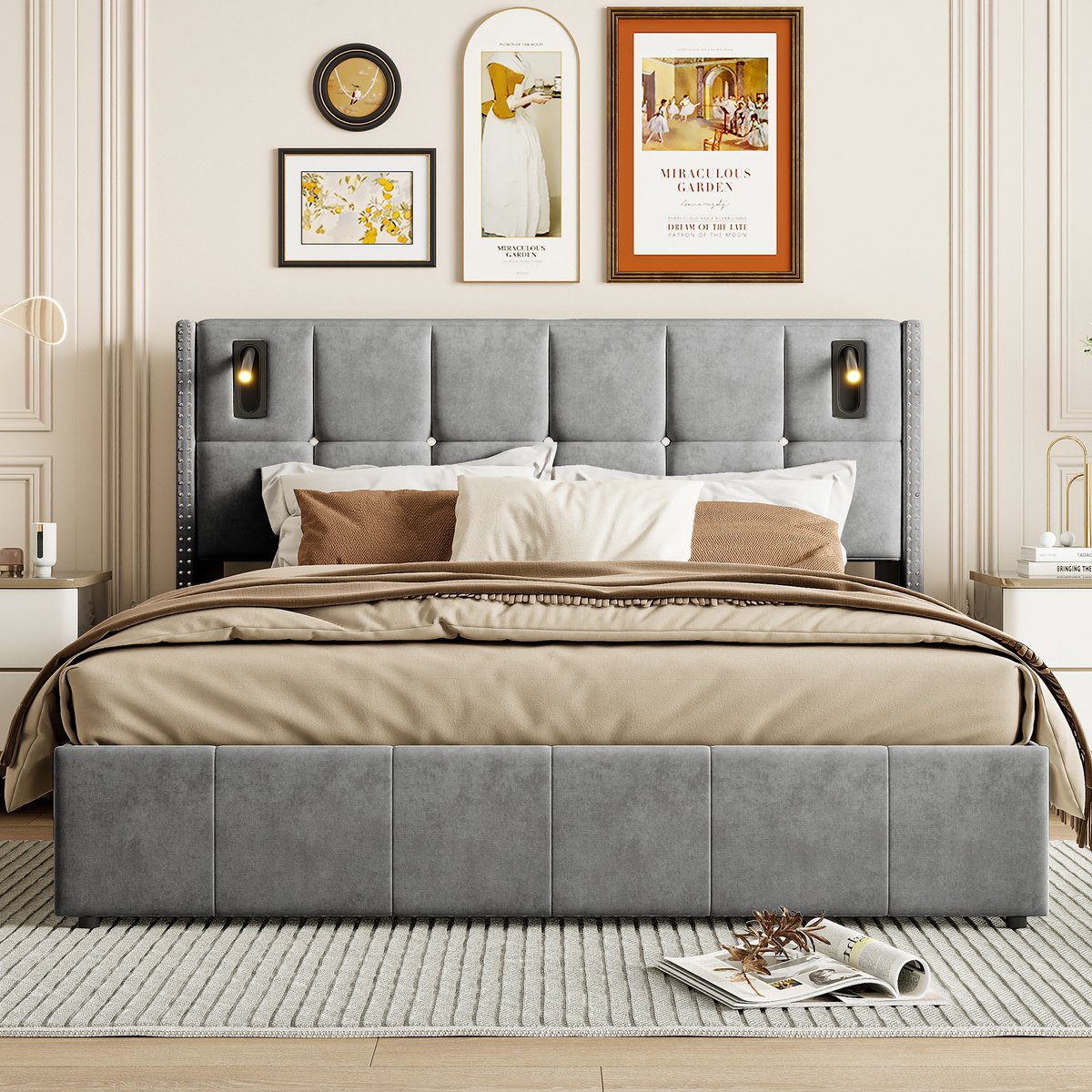 Opbergbed 140x200 – Fluwelen Bedframe met Vleugel Hoofdbord en Leeslamp – Grijs