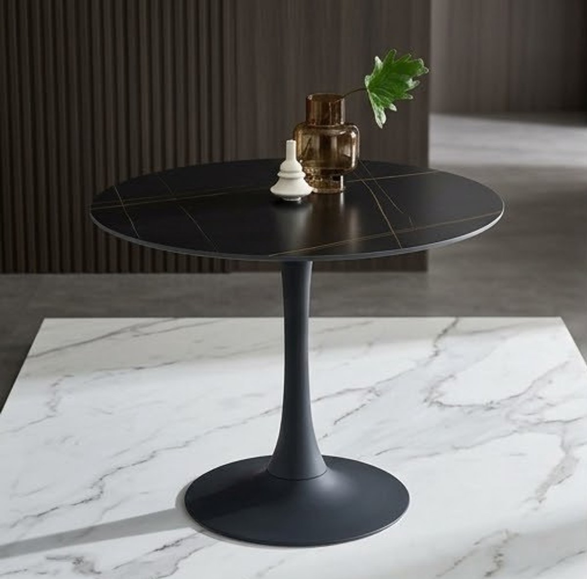 Ronde Eettafel 90 cm met Zwart Marmer Look Keramisch Blad - Luxe Design Eetkamertafel met Metalen Zuilonderstel - Modern & Krasbestendig - Casa Serena – 90 cm – Casa Dorada