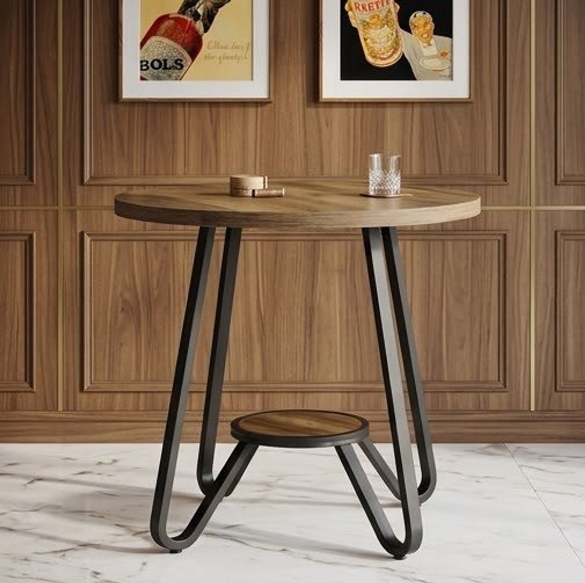 Ronde eettafel 80 cm met Opbergplank - Industriële Keukentafel voor 2-4 personen - Compacte tafel met Metaal & Houtlook - Vintage Bruin - Casa Serena – 80 cm – Casa Dorada