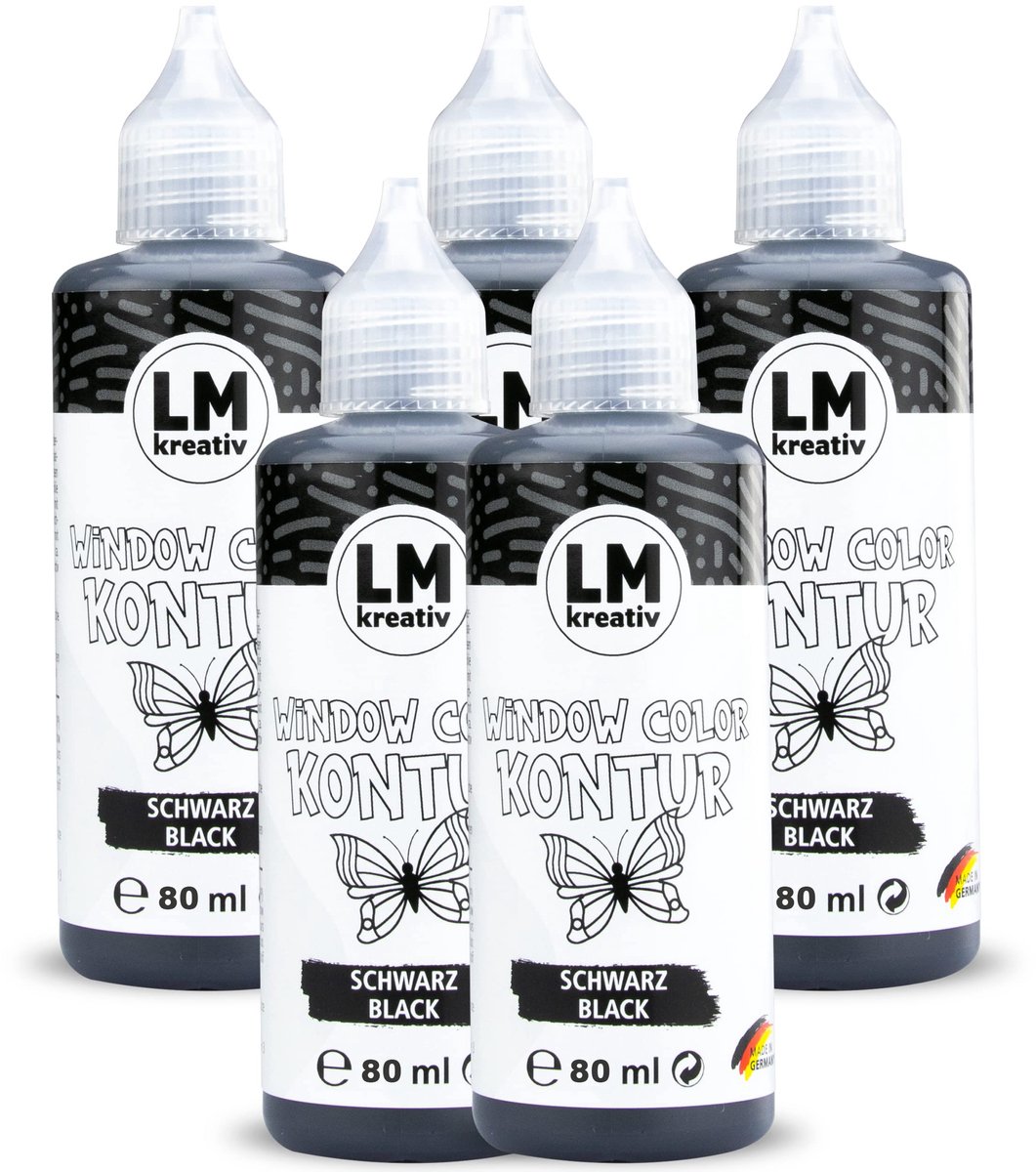 LM-Kreativ Raamverf set - Met Contourkleur - Glasverf voor knutselen - Zwart - 5 x 80 ml