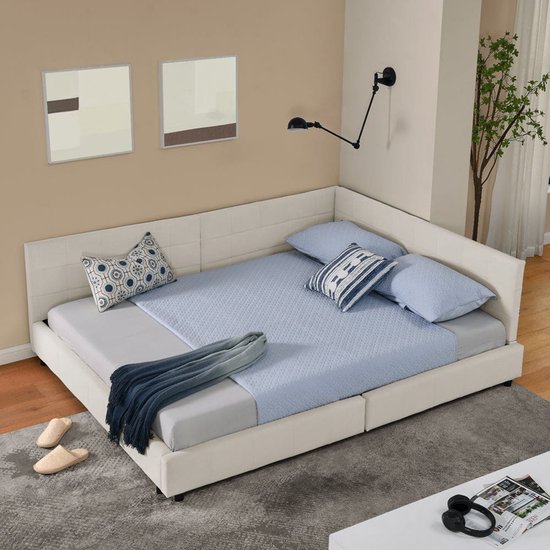 Hoekbankbed – Slaapbank – Bedbank – Loungesofa – Bedbank Hoek – Lichtbeige Velvet – 160x200 cm Tweepersoonsbed – Massief Eucalyptushout & IJzeren Frame
