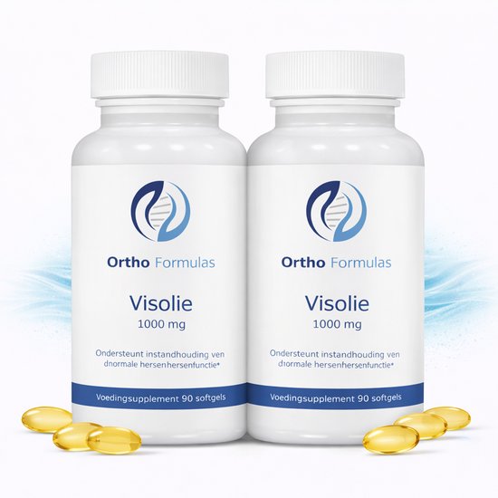 Twee flessen Visolie 1000 mg van Ortho Formulas, met Visolie capsules ervoor.