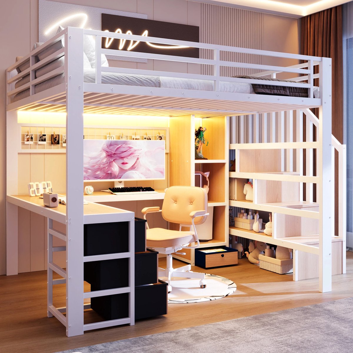 Hoogslaper, 140 x 200 cm, Ijzeren Frame, Opbergvak, 4 Laden, Rooster voor het Ophangen van Spullen, met LED-lichtstrip, Bureau, Trapconstructies met Opbergruimte, Zonder Matras, Wit