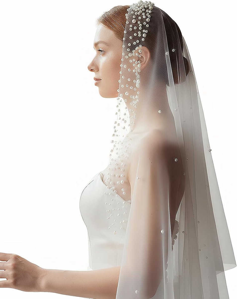 Elegante Witte Bruidssluier Kort Middellang met Parels en Kam